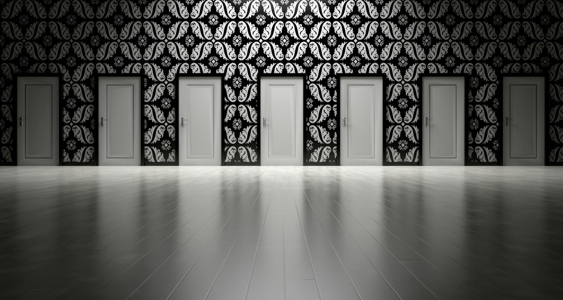 seven white closed doors